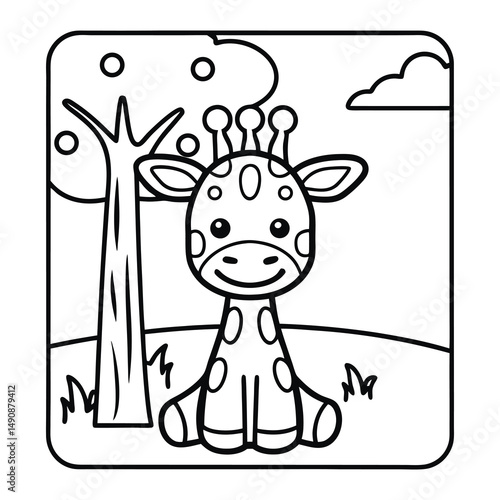Adorable Baby Giraffe Coloring Page: A cute baby giraffe sits serenely near a tree in a simple, charming landscape, perfect for coloring.