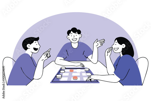Friends playing strategic board game together, fun and dynamic vector illustration for posters, ads, or social media