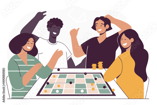Friends playing board game, laughing and having fun together – colorful vector illustration