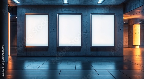 Concrete Wall with Three Lightboxes in Modern Architectural Space, Gallery Interior