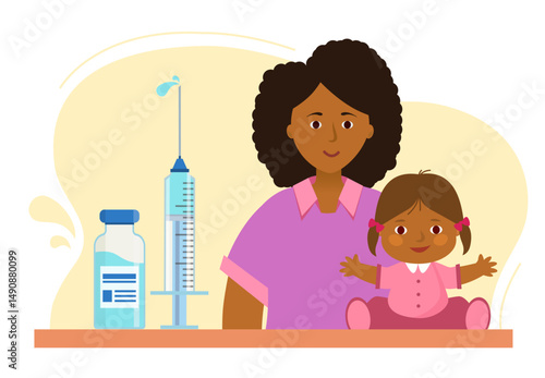 Kids vaccination. African-American Mom and child in medical clinic. Web site Routine vaccination of children. Vector illustration
