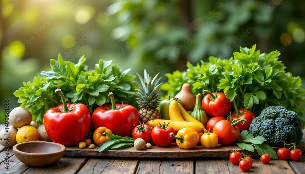 Fresh Harvest Bounty Displayed on Rustic Table Surrounded by Nature Fresh Harvest Bounty Displayed on Rustic Table Surrounded by Nature