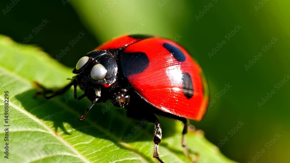 Detailed close-up of a vibrant red and black ladybug crawling on a green leaf in natural sunlight. Detailed close-up of a vibrant red and black ladybug crawling on a green leaf in natural sunlight.