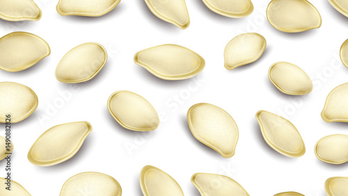 Pattern. Pumpkin seeds. Realistic texture. Organic food used in cooking, healthy eating and agriculture. Suitable for packaging, agro-themed content, farming advertising, ecology, web design.