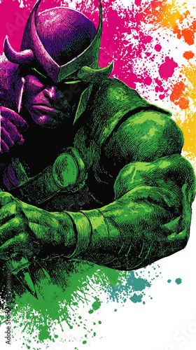 Dynamic Comic Style Vector Illustration of Powerful Green and Purple Superhero Warrior with Horned Helmet and Vibrant Colorful Abstract Splatter Background Art