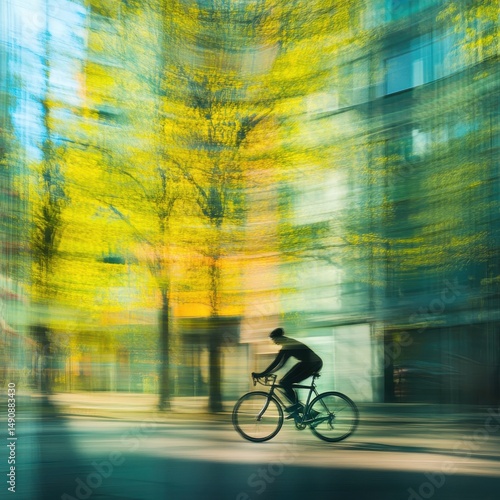 Wallpaper Mural Cyclist Riding Through Blurred Cityscape with Yellow Green Trees Torontodigital.ca
