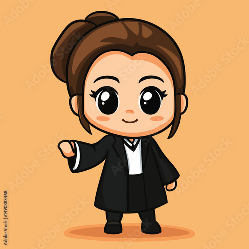 Adorable Cartoon Lawyer Girl with Bun Extends Hand