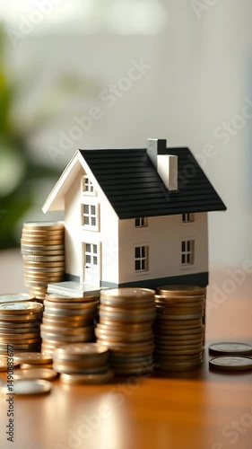 Miniature house model surrounded by stacks of coins on a wooden surface representing real estate investment and savings strategies