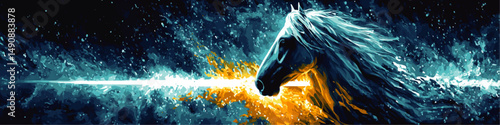 Majestic Vector Digital Art of Powerful Horse Profile with Vibrant Fiery and Cool Blue Colors Illuminating Dynamic Splash and Energy Motion Concept Background