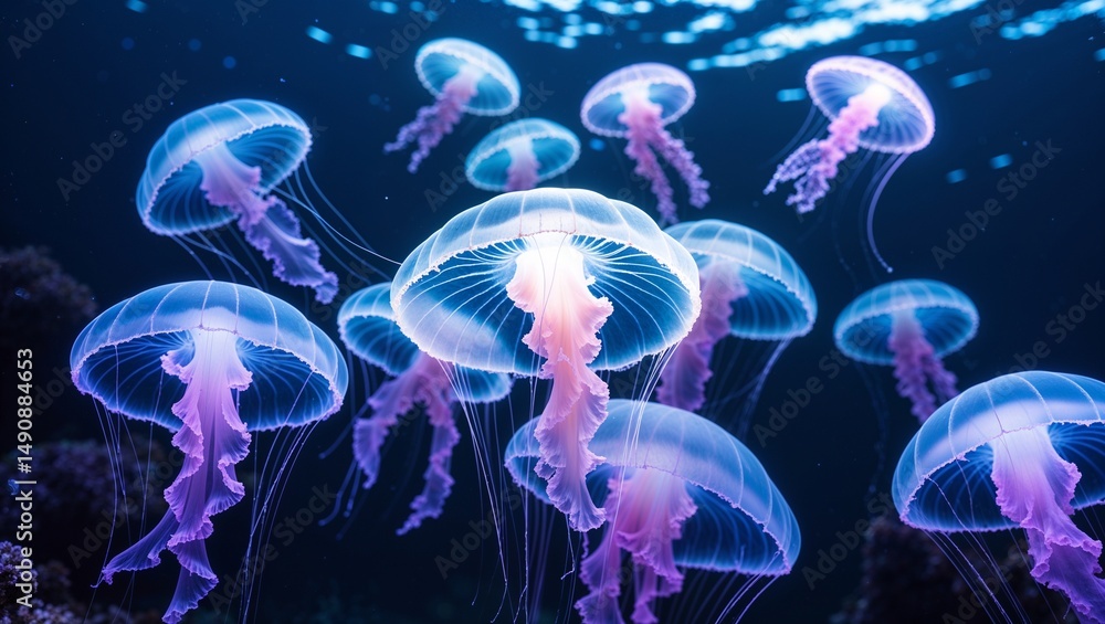 Fototapeta premium Blue Jellyfish Glowing In Deep Water
