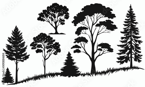  Collection of wildlife tree silhouettes set with branches, leaves, and trunks. Pine, oak, bare trees, and bushes for nature-themed illustrations, designs, and background elements