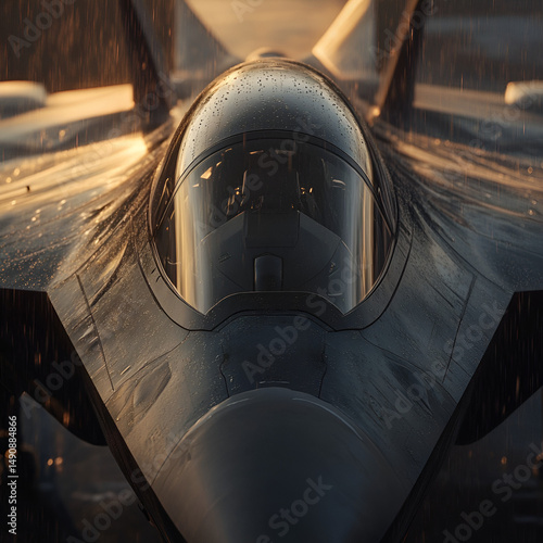 Hyper-detailed 4K close-up of a Sukhoi Su-57's stealth-coated cockpit, raindrops on the canopy, sunset reflecting on the glass