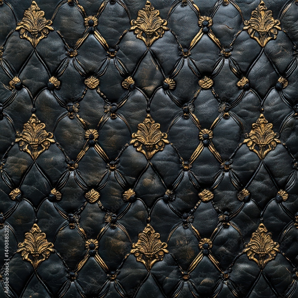 Naklejka premium Dark Blue Tufted Upholstery with Gold Floral Accents