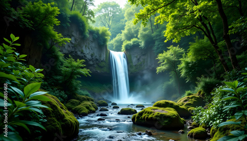 Serene Waterfall Flowing Through Lush Green Forest Landscape
