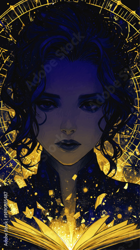 Enchanting Vector Fantasy Illustration of Mystical Beautiful Woman Reading Magical Glowing Book With Golden Celestial Zodiac Horoscope Elements and Cosmic Background