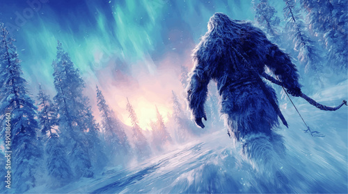 Mystical Giant Yeti Walking Through Snowy Forest Under Northern Lights Majestic Winter Fantasy Scene with Ice and Aurora in Cold Wilderness Adventure Concept Art