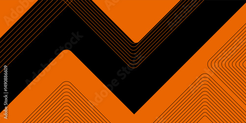 Black abstract wide horizontal banner with orange and gray lines, arrows and angles. Dark modern sporty bright futuristic abstract background. Wide vector illustration EPS10.