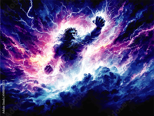 Stunning vector art illustration of powerful ancient mythical god commanding stormy sky with lightning bolts clouds glowing magical fantasy cosmic atmosphere theme
