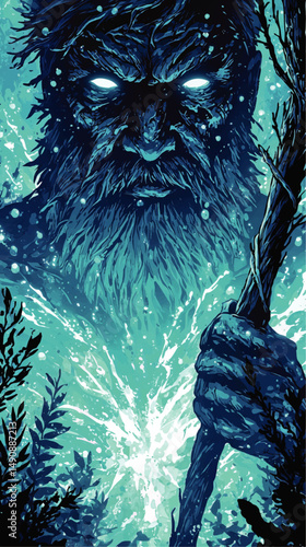 Mystical Powerful Sea God Illustration with Glowing Eyes and Magical Staff Surrounded by Splashing Waves and Aquatic Plants in Vector Fantasy Art Style for Posters