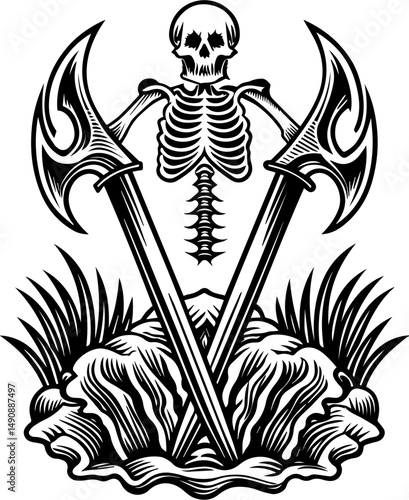 A skull tattoo design blending pirate and Atlantean elements. Skeleton With Axes Surrounded By Shells And Grass Design Art