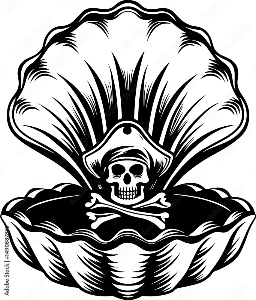 Fototapeta premium A skull tattoo design blending pirate and Atlantean elements. Pirate Skull in Open Shell: Monochrome Nautical Illustration