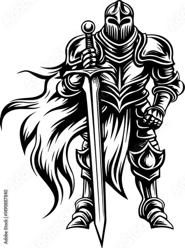 A skull tattoo design blending pirate and Atlantean elements. Detailed Illustration of a Knight in Armor with Sword and Cape