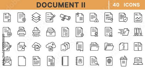 Document Management Line Icons – Paper Files, Folder, Archive, Shredder, Printer, Cloud Storage, Digital Document, Office Organization, File Edit Tools