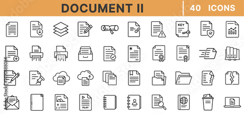 Document Line Icons – File Management, Printing, Cloud Upload, Writing, Folder Archive, Shredder, Contract, Paperwork, Office, Data Storage