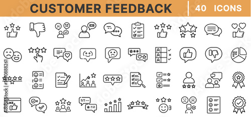 Customer Feedback Line Icons – Rating, Review, Survey, Satisfaction, Thumbs Up, Chat Bubble, Star Score, Testimonial, User Opinion, Support
