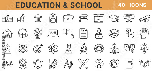 Education and School Line Icons – Student, Teacher, Books, School Building, Graduation Cap, Blackboard, Globe, Microscope, Atom, Pencil, Learning