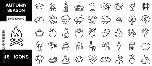 Autumn Season Line Icons – Fall Leaves, Harvest, Pumpkin, Apple, Rain, Tree, Bonfire, Halloween, Thanksgiving, Wine, Cloud, Weather Outline Set