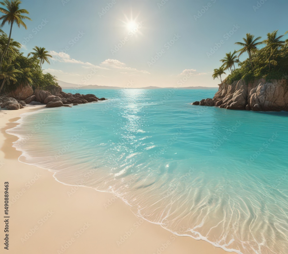 Fototapeta premium Golden sand, turquoise water, lush island backdrop, stunning, vegetation, sun