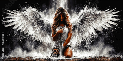 Powerful Fantasy Warrior Angel Kneeling With Sword Graphic Vector Illustration Wings Splashes Divine Guardian Mythical Female Protector Dark Artistic Conceptual Drawing