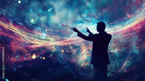 Silhouette Man Conducting Cosmic Orchestra with Wand Guiding Celestial Symphonies Across Universe Space and Time Evoking Wonder and Awe Inspiration