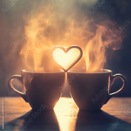 Macro shot of two coffee cups tilted together, steam forming a heart shape, 8K morning light with bokeh effect friendship day
