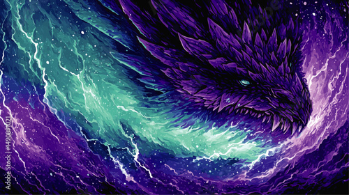 Majestic Purple Dragon in Mystical Space Nebula Illustrative Vector Image with Cosmic Lightning and Galaxy Inspired Fantasy Artwork for Wallpaper and Graphic Design