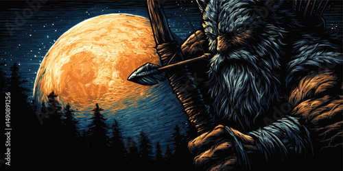 Mystical Fantasy Warrior Archer Wolf with Bow and Arrow Under Full Moon Night Sky Vector Illustration Perfect for Mythology Legends Beast Hunters and Adventure Games