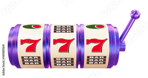 3D neon slot machine on white isolated background. Online casino. Gambling concept design. 3d vector illustration.