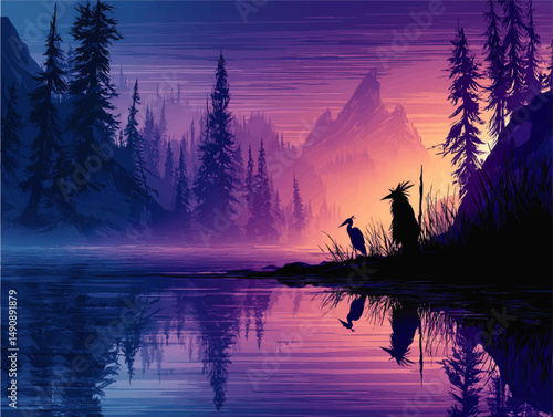 Stunning Mystical Vector Illustration of Mountain Lake and Pine Forest with Shaman Silhouette and Heron at Sunrise Vibrant Colors and Peaceful Nature Reflection Scene