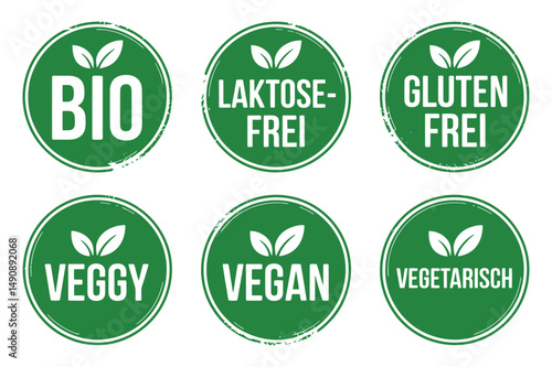 Six Green Eco Friendly Labels with Leaves Bio Vegan Vegetarian Gluten Free Lactose Free and Veggie