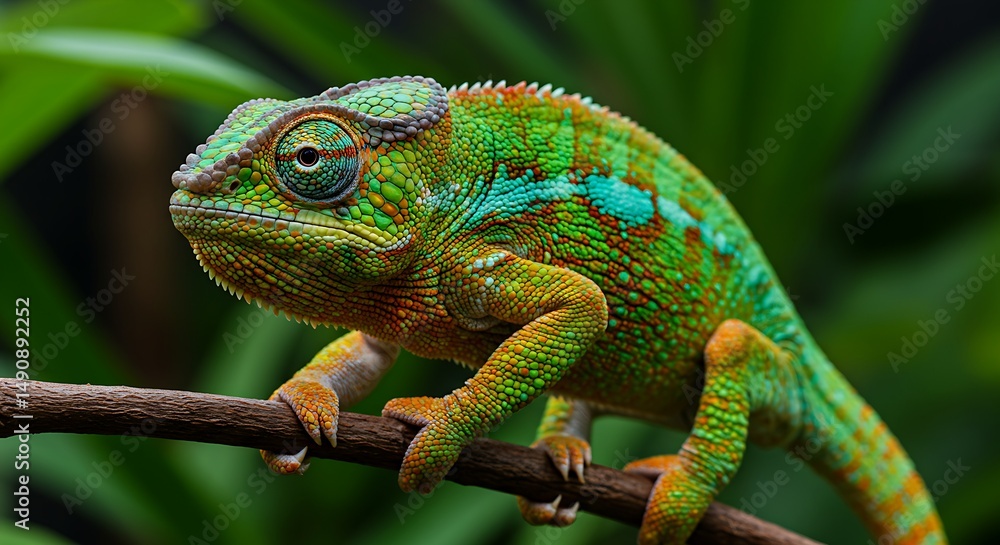Obraz premium The image features a brightly colored chameleon with bumpy skin, holding onto a brown branch with lush green foliage blurred in the background.