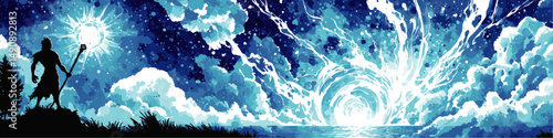 Mystical Fantasy Vector Illustration of Magical Wizard Sorcerer With Staff Casting Spell Over Epic Ocean Waves and Cosmic Portal Against Starry Night Sky Background