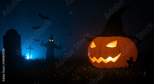 Halloween night scene with spooky pumpkin and figure in a graveyard.
