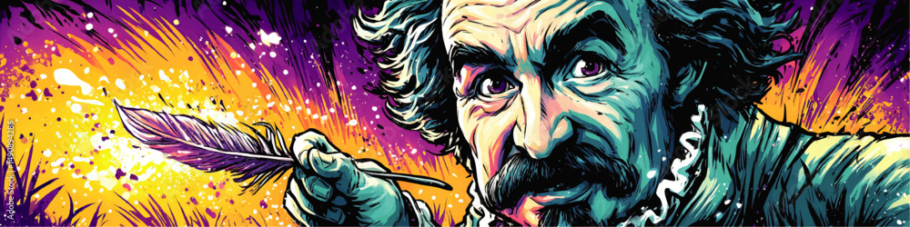 Creative colorful vector illustration of a scientist painting with feather quill pen in vibrant modern pop art style featuring explosive dynamic bright color splashes