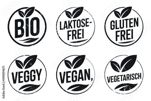 Collection of Six Distressed Circular Labels Indicating Bio Vegan Vegetarian Gluten Free and Lactose Free Products