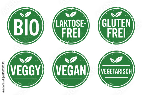 Six Green Eco Friendly Food Labels with Leaves Bio Vegan Vegetarian Gluten Free Lactose Free and Veggie