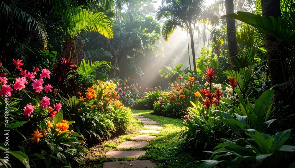 Fototapeta premium Tropical Garden Pathway Sunlight.