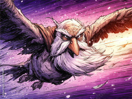 Epic Fantasy Illustration of Majestic Powerful Owl Wizard Flying in Cosmic Sky with Magical Glow and Dynamic Colors for Mythical Creature Concept Art and Storytelling