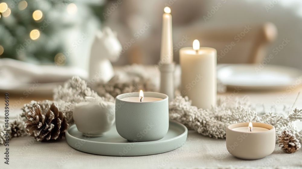 Fototapeta premium Decorated Table with Lit Candles and Pinecones for Winter Holiday Season