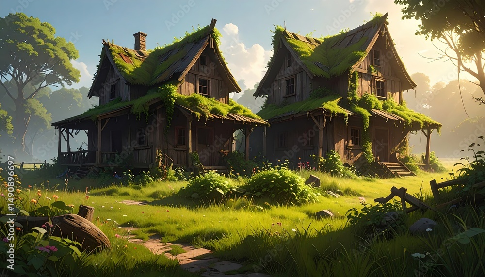 Two overgrown houses in a sunlit meadow. Two overgrown houses in a sunlit meadow.